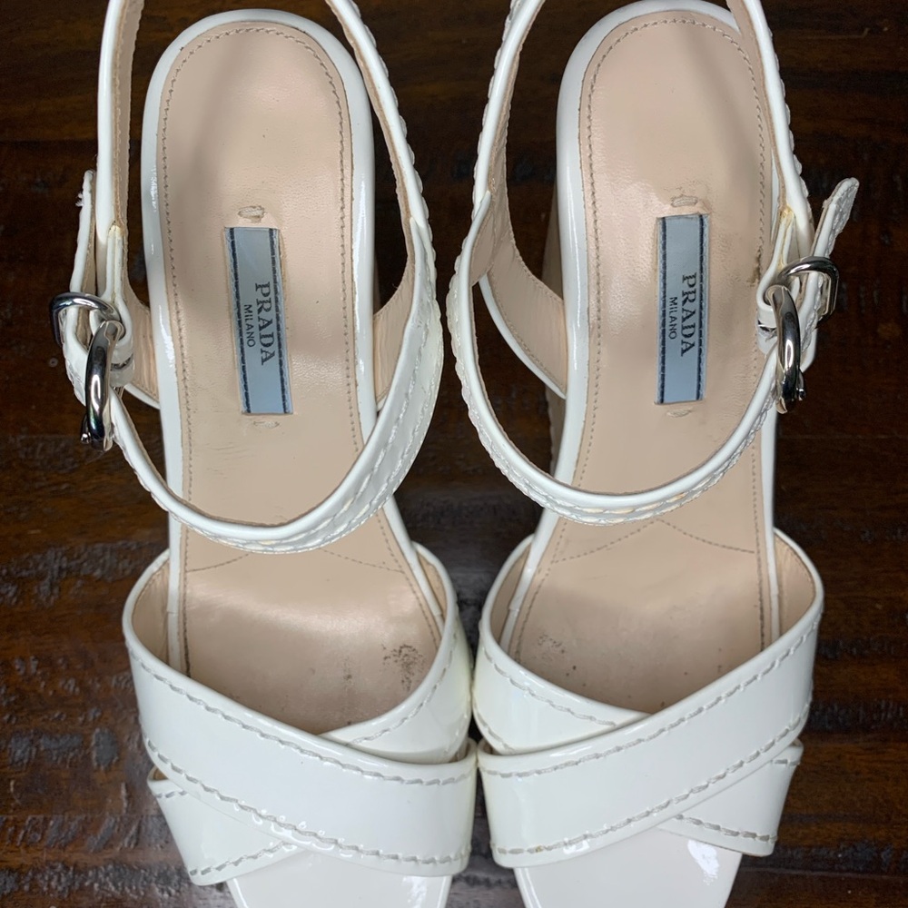 Prada White Wedge Sandals with Crisscross Straps Size 8.5 - Picture 8 of 10
